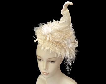 Witch Hat Fascinator, Mini Hat, Burlesque Headpiece, Bachelorette Party, Wedding Shower, Bride Witch in Off White  "Hot Mess"