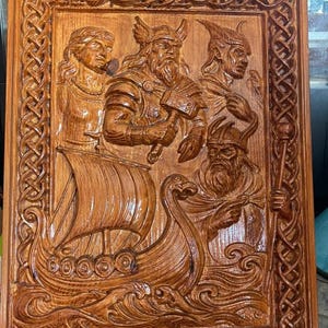 Viking Wall Art | Norse Mythology Wood Carving | Handcrafted Rosewood Pine Ash Decor | Norse Gods & Longship | Custom Nordic Gift