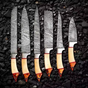 Handmade Damascus Steel 6-Piece Chef Knife Set: Bone & Wood Handle
