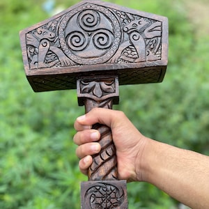 Hand-Carved Viking Mjölnir | Wooden Thor’s Hammer with Norse Runes | Nordic Pagan Decor | Viking Warrior Gift | Ideal Birthday & Xmas Gift