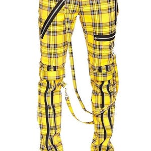 Yellow Tartan Punk Pants with Zippers: Unisex Straight Leg Trousers
