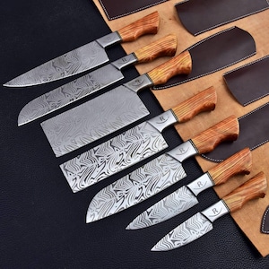 Handmade Damascus Steel Kitchen Knife Set: Olive Wood Handle, Leather Sheaths