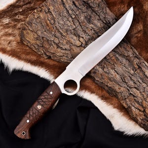 Hand-Forged Hunting Knife | Custom Bushcraft Knife | Survival Outdoor Knife with Finger Hole | Handmade Camping Knife | Birthday Gift