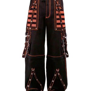 Men&#39;s Black Gothic Electro Orange Cyberpunk Rock Pants | Punk Streetwear Trousers | Neon Rave Festival Pants | Dark Alternative Clubwear