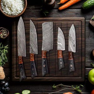 Handmade Damascus Steel Japanese Kitchen Knife Set: Chef Knives, BBQ Tool