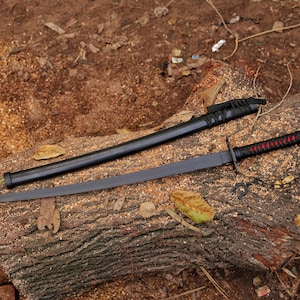 Handcrafted Black Ninja Sword: Carbon Steel Katana with Red Handle