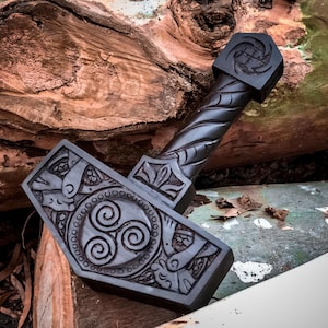 Hand Carved Viking Mjolnir Hammer | Norse Mythology Decor | Thor Replica | Viking Gift | Cosplay LARP | Triskelion Design | Collectible Item