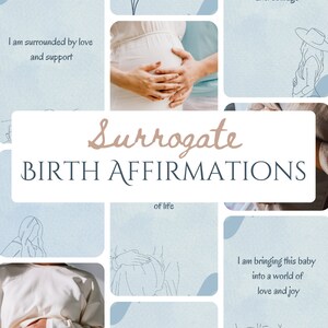 Op de afbeelding: Een collage van afbeeldingen en tekst met de woorden "Surrogate Birth Affirmations of Life" in een lichtbruine lettertype. De afbeeldingen omvatten de handen van een zwangere vrouw op haar buik, een baby en een tekening van een bloem.
