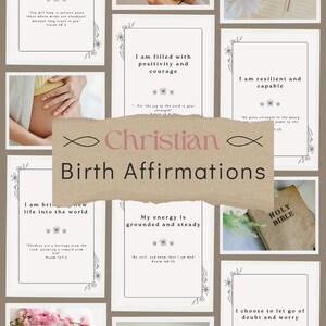 Puede incluir: Un conjunto de diez afirmaciones de nacimiento cristianas imprimibles con citas inspiradoras y versículos bíblicos. Las afirmaciones están diseñadas para ayudar a las futuras madres a mantenerse positivas y arraigadas durante el embarazo y el parto.
