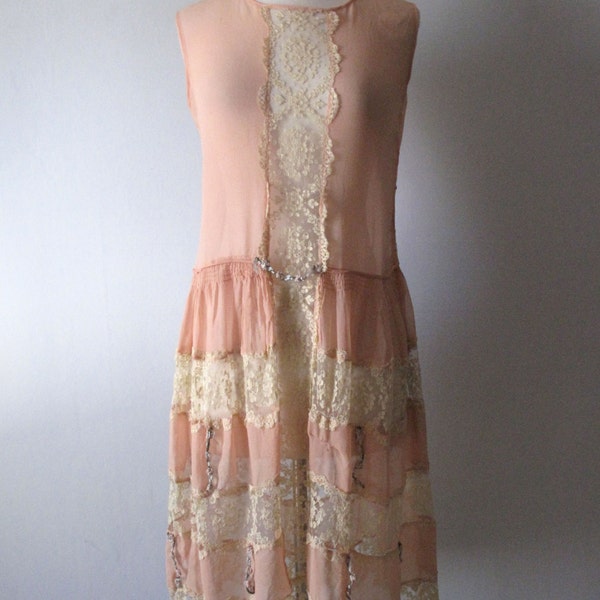 Vintage 1920s Dress - Lace Chiffon Rosettas - 20s Dress
