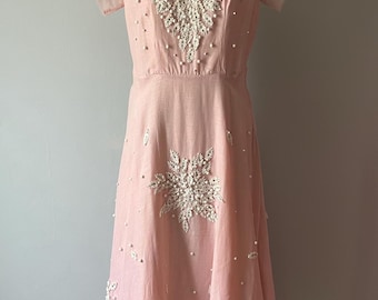 Vintage 1950s White Beaded Pink Linen Cocktail Evening Dress