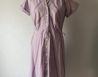Vintage 1950s Women&#39;s Cotton Purple Plaid Shirt Dress