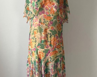 Vintage 1920s 1930s Sheer Chiffon Floral Dress Purple Green Orange