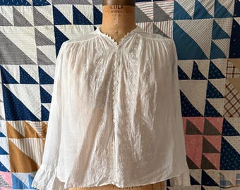 Antique 1920s 1930s Embroidered White Blouse Cotton