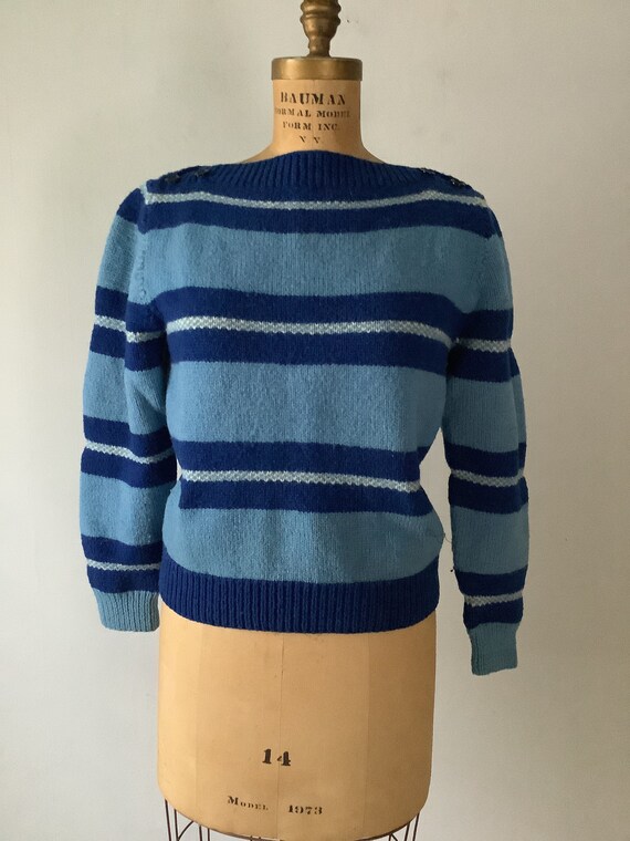 1950s Women's Hand Knit Striped Sweater - Blue