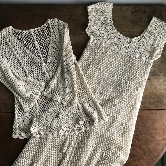 Two Piece 1970s Crochet Bohemian Dress & Jacket