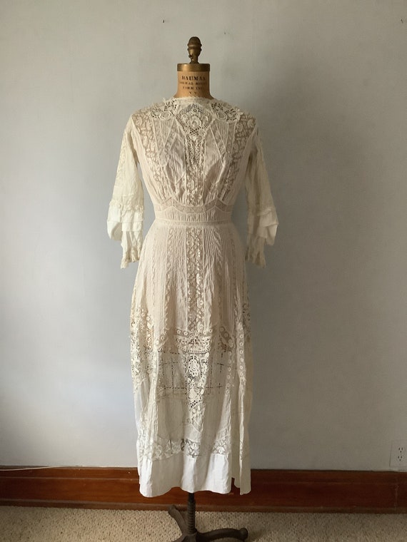 Antique 1910 Women's Edwardian White Lace Lawn Dre