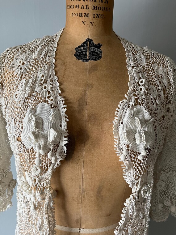 Antique Victorian Edwardian Irish Crochet Lace Jacket - Gem