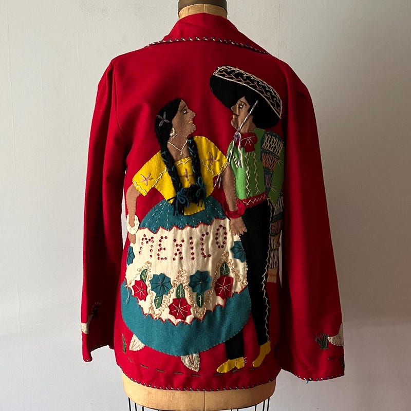 1950’s 2-tone red and black Mexican souvenir jacket with beautiful appliqué details excellent condition size S/M