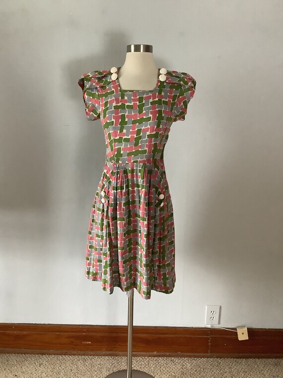 Vintage 1930s Abstract Cotton Linen Day Dress