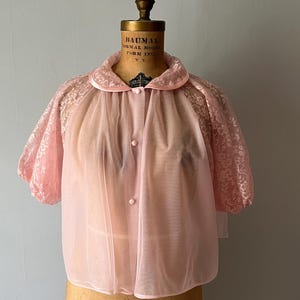 Vintage 1950s 1960s Pink Nylon and Lace Bed Jacket