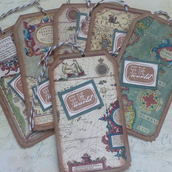 Antique map tags/bookmarks vintage style travel tags world map masculine gift tags handstamped see the world - set of 6