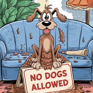 May include: A cartoon dog sits on a blue couch covered in brown goo. The dog is wearing a mischievous grin. A sign reads "NO DOGS ALLOWED" and is partially covered in the goo.