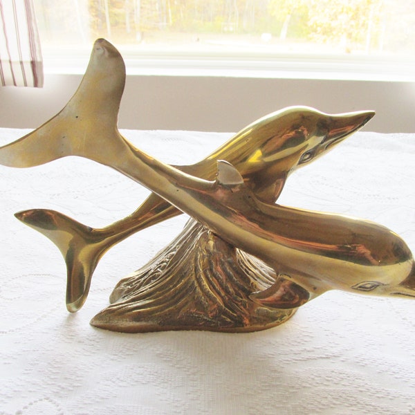 Vintage Brass Dolphin Figurine Two Dolphins on Ocean Waves