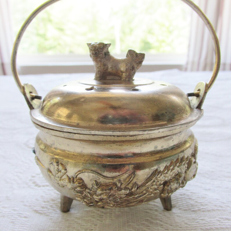 Vintage Brass Incense Burner Holder Dog on Lid Handle