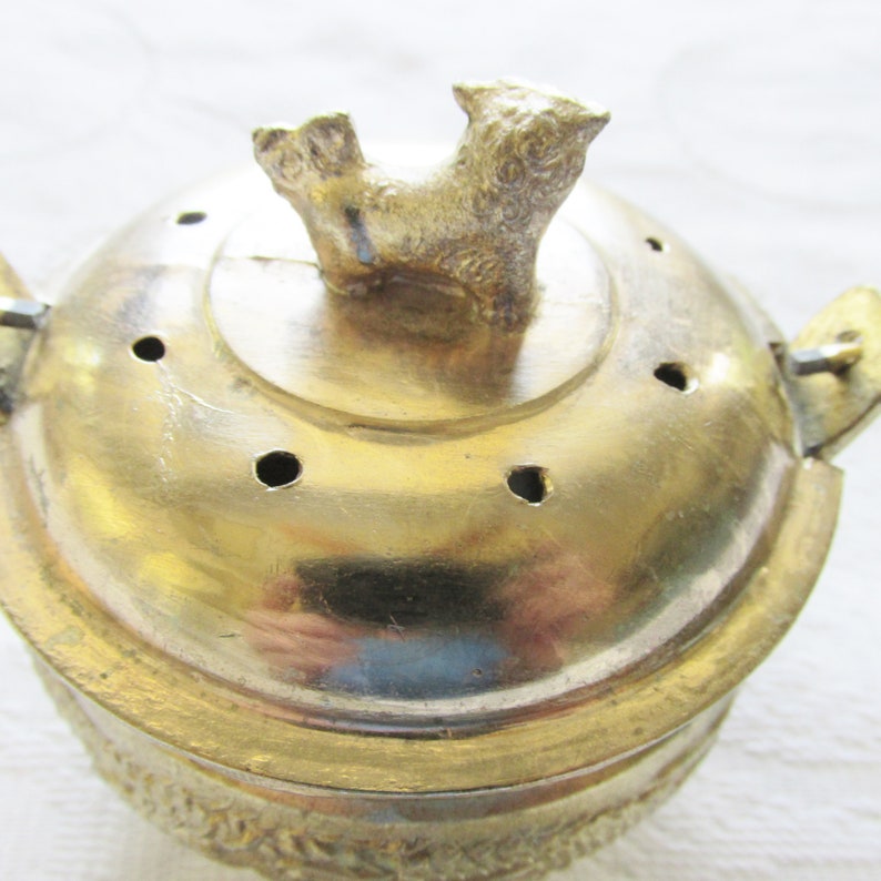 Vintage Brass Incense Burner Holder Dog on Lid Handle