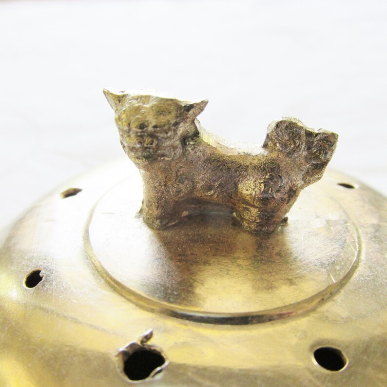 Vintage Brass Incense Burner Holder Dog on Lid Handle
