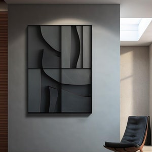 Black Wood Wall Sculpture: 3D Minimalist Home Decor