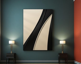 Escultura de pared de madera 3D: Arte minimalista en beige y negro.