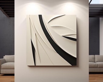 Arte mural de madera 3D: Escultura minimalista en beige y negro.