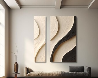 Arte mural de madera 3D: Escultura minimalista en beige y negro.