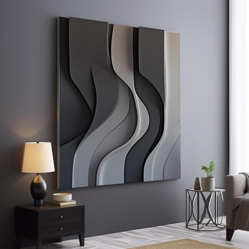 Black and Gray Wall Sculpture, 3D Wood Wall Art, Minimalist Wall Hanging Home Décor, High-end ...