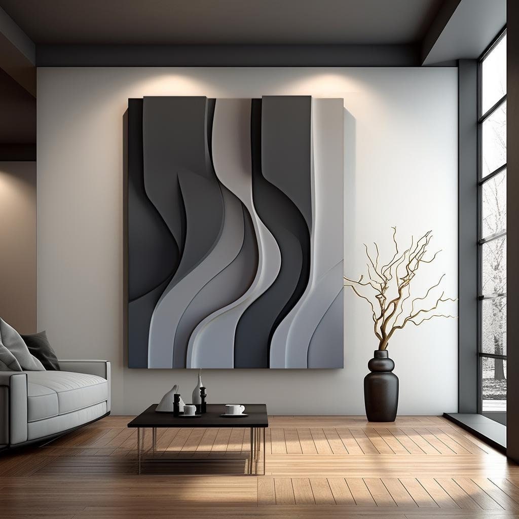 Black and Gray Wall Sculpture, 3D Wood Wall Art, Minimalist Wall Hanging Home Décor, High-end ...