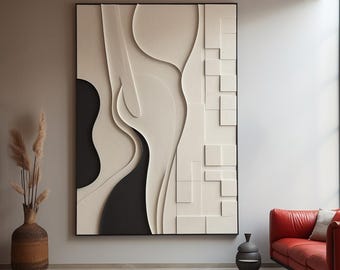 Escultura mural minimalista en 3D de madera: arte moderno en blanco y negro.