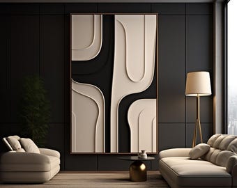 May include: A modern living room interior with two white couches, a black and white abstract wall art, a gold side table, and a floor lamp with a white lampshade.