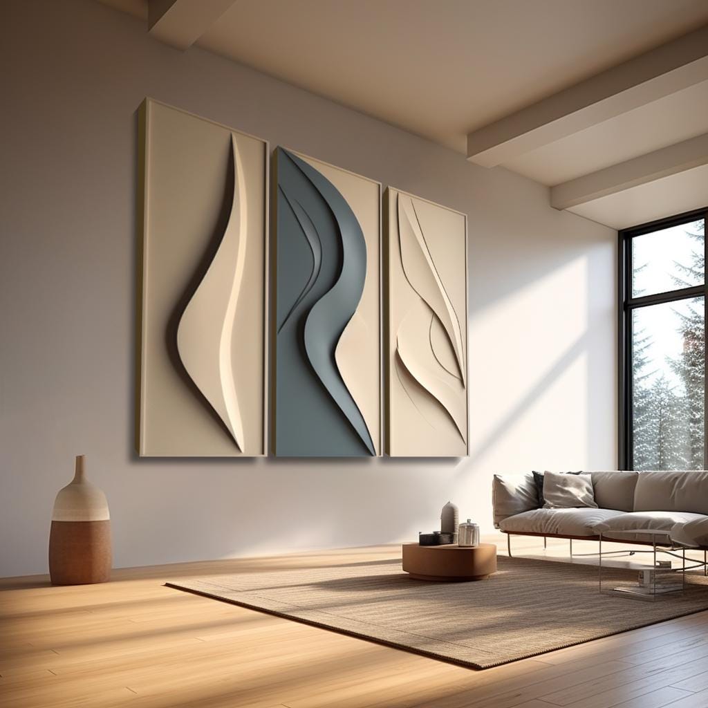 Image showcasing Beige and Blue Sculpture, 3D Wood Wall Art, Minimalist Wall Hanging ...