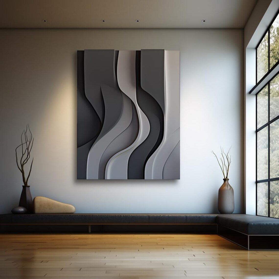 Black and Gray Wall Sculpture, 3D Wood Wall Art, Minimalist Wall