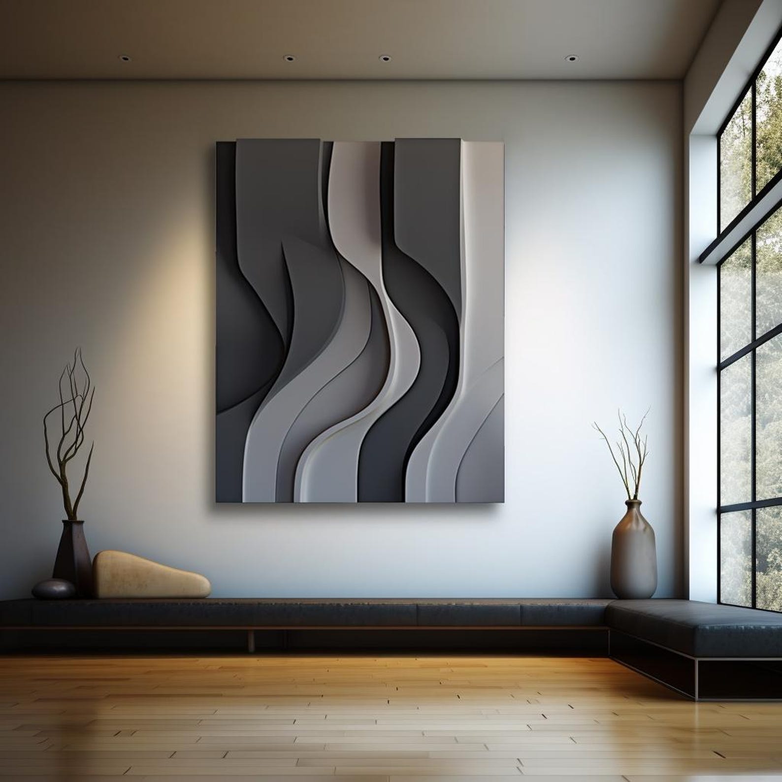 Black and Gray Wall Sculpture, 3D Wood Wall Art, Minimalist Wall