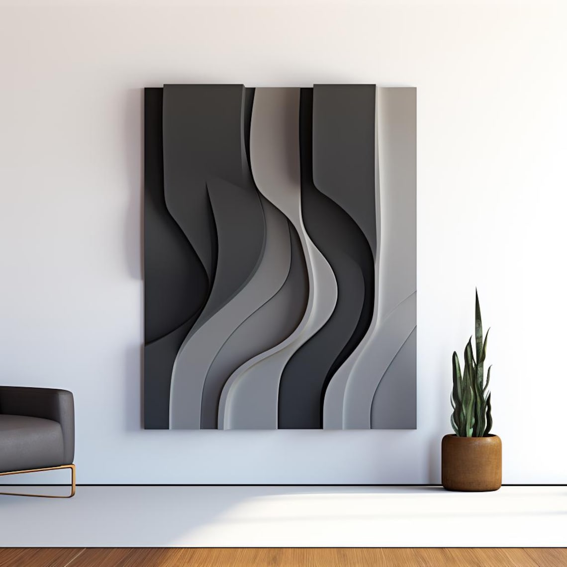 Black and Gray Wall Sculpture, 3D Wood Wall Art, Minimalist Wall