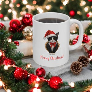 Christmas Cat Coffee Mug: Tuxedo Cat with Santa Hat