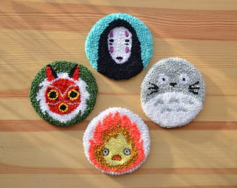 Totoro, No-Face, Mononoke & Calcifer Mug Rug – Handmade Studio Ghibli inspired Anime Coaster, Cute Desk Decor, Fan Gift | Punch Needle
