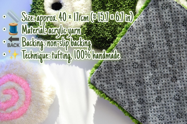 Back side of handmade tufted keyboard rug with non slip backing and size details
