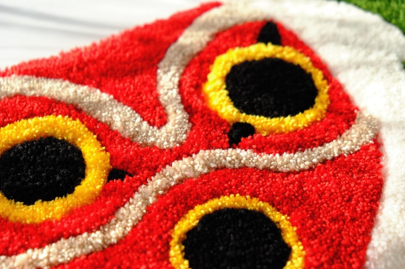 Close up detail of Mononoke tufted rug texture, high pile acrylic yarn