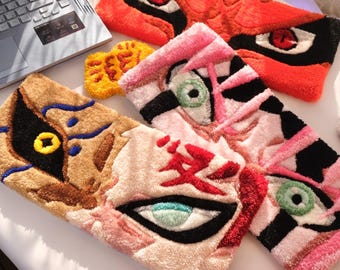 Anime Ninja Inspired Tufted Keyboard Rugs – Pink Ninja, Red Sand Ninja & Orange Fox Spirit | Handmade Gamer Desk Mat, Cute Desk Decor