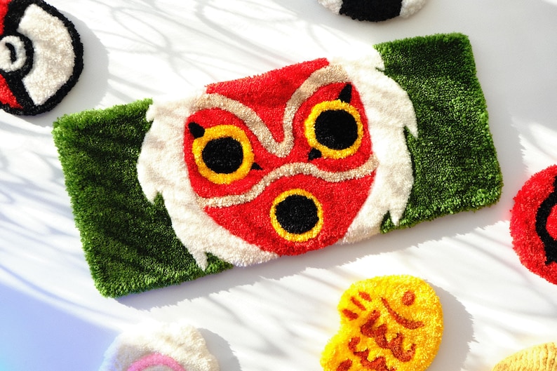 Mononoke inspired tufted keyboard rug, handmade anime desk mat, top view