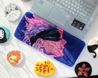 Neon Anime Sorcerer Keyboard Rug, Pink Blue Tufted Desk Mat, Blindfold Anime Desk Decor, Aesthetic Gamer Setup, Handmade Desk Rug